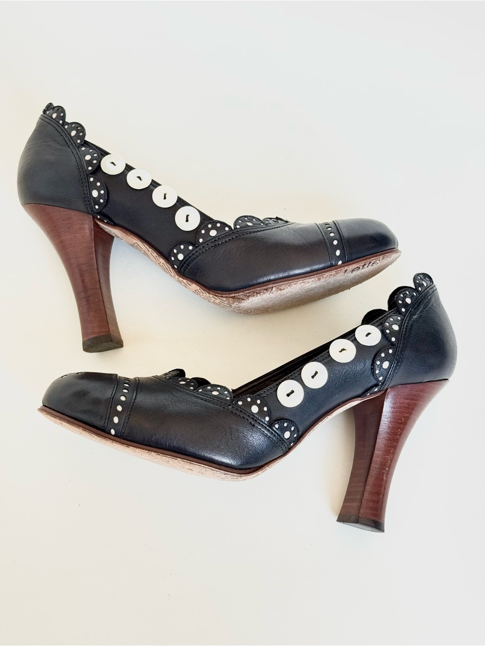Vintage John Galliano Black Leather Scalloped Heels with Button Accents - Italy - Picture 8 of 11
